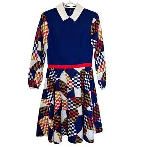 Alfred Weber 60s Vtg Dress Mod Size 8/S Geometric Multicolor Long Sleeve Gogo